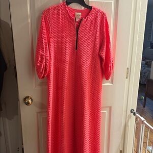 Bright Coral Textured Half-Zip Women’s Dress